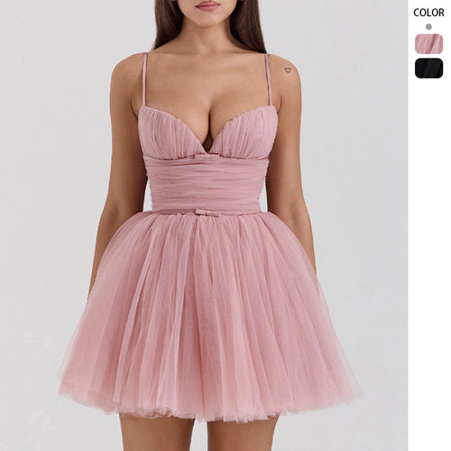 Damen Tüll Cocktailkleid mit tiefem V-Ausschnitt und gerafftem Oberteil Drune