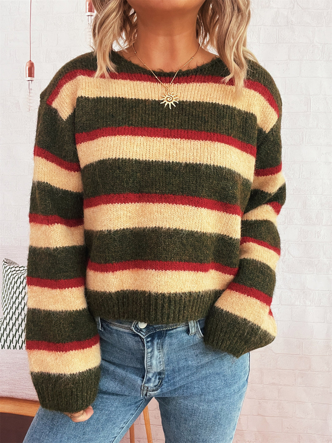 Damen lässiger Strickpullover mit buntem Streifenmuster und breiten Ärmeln Drune