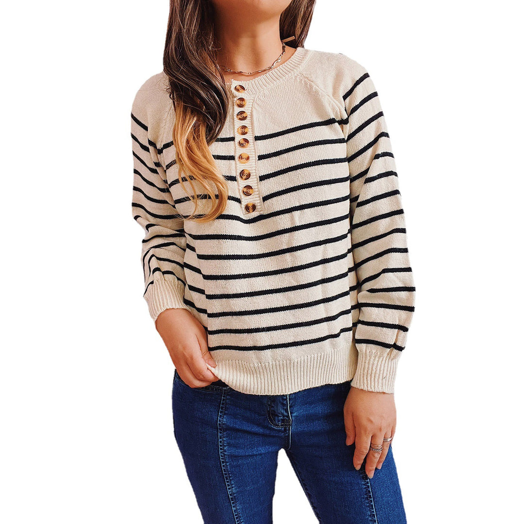 Damen gestreifter Strickpullover mit Knopfdetails und lässigem Schnitt Drune