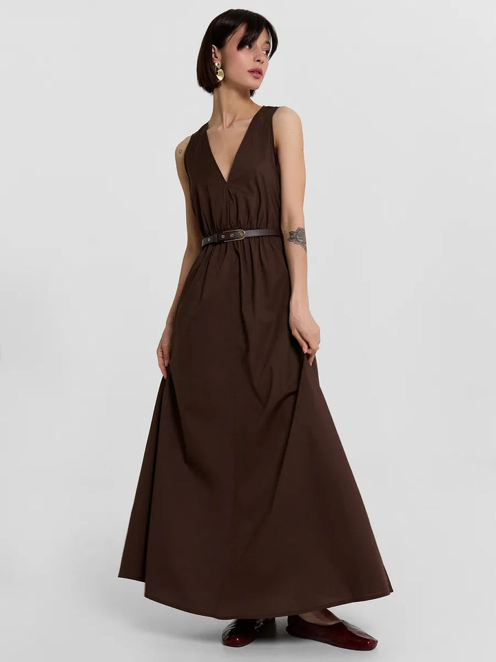 Damen Maxikleid mit stilvollem V-Ausschnitt und Taillengürtel Drune