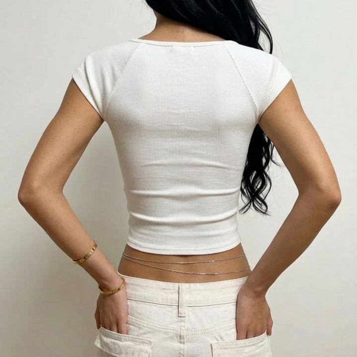 Damen Kurzarm-Top mit Spitzendetail und taillierter Passform Drune