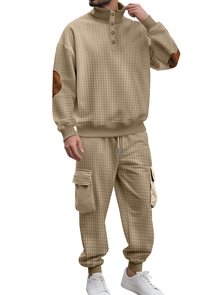 Herren nan Karo-Relief-Sweatset mit Stehkragen-Knopfleiste, Velours-Ellenbogenpatches und Cargo-Jogger Drune