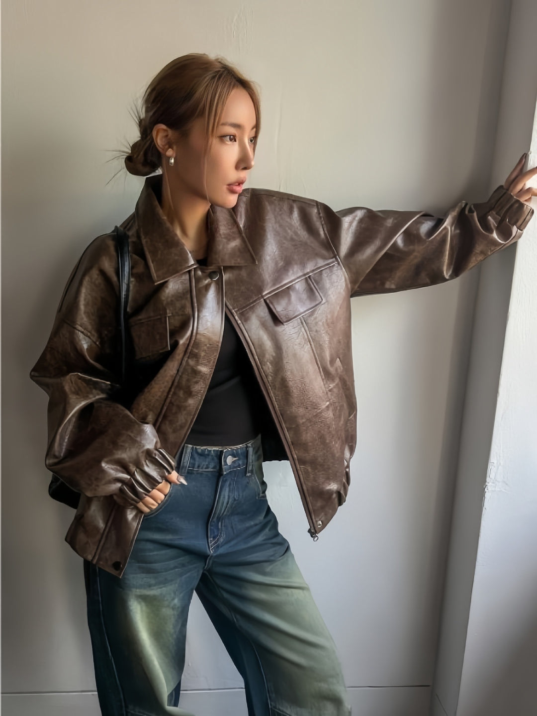 Damen Lässige oversized Kunstlederjacke mit praktischen Taschen Drune