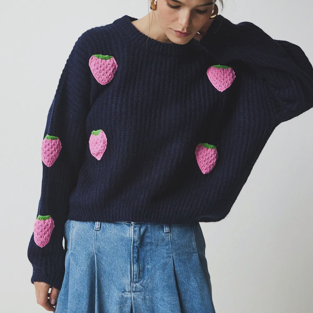 Damen Strickpullover mit einzigartigem Erdbeerdesign und komfortablem Schnitt Drune