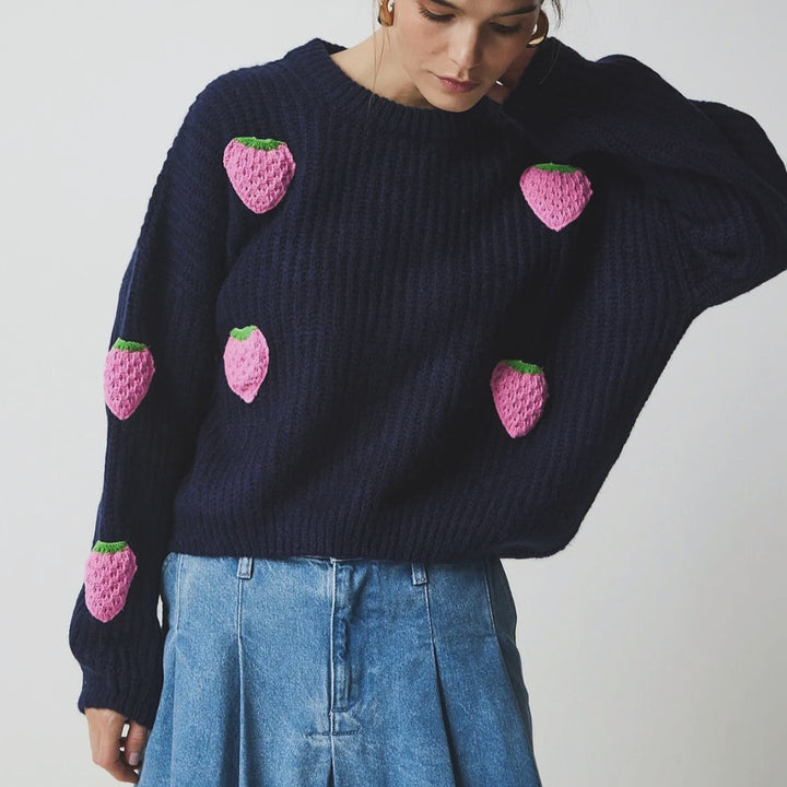Damen Strickpullover mit einzigartigem Erdbeerdesign und komfortablem Schnitt Drune