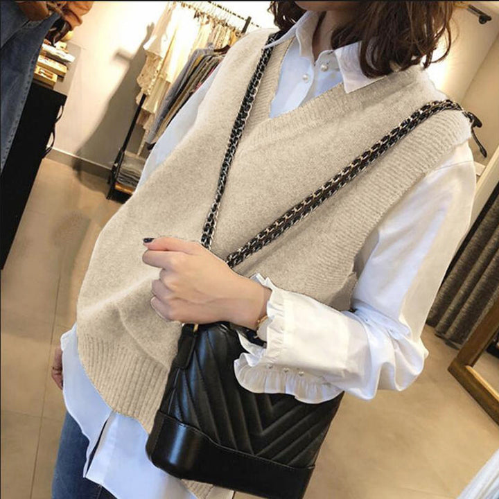 Damen Ärmellose Strickweste mit V-Ausschnitt und Rippdetails Drune