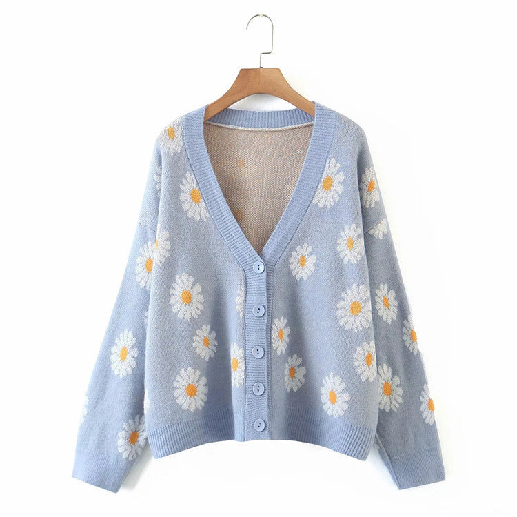 Damen Strickjacke mit Blumenmuster und V-Ausschnitt Drune