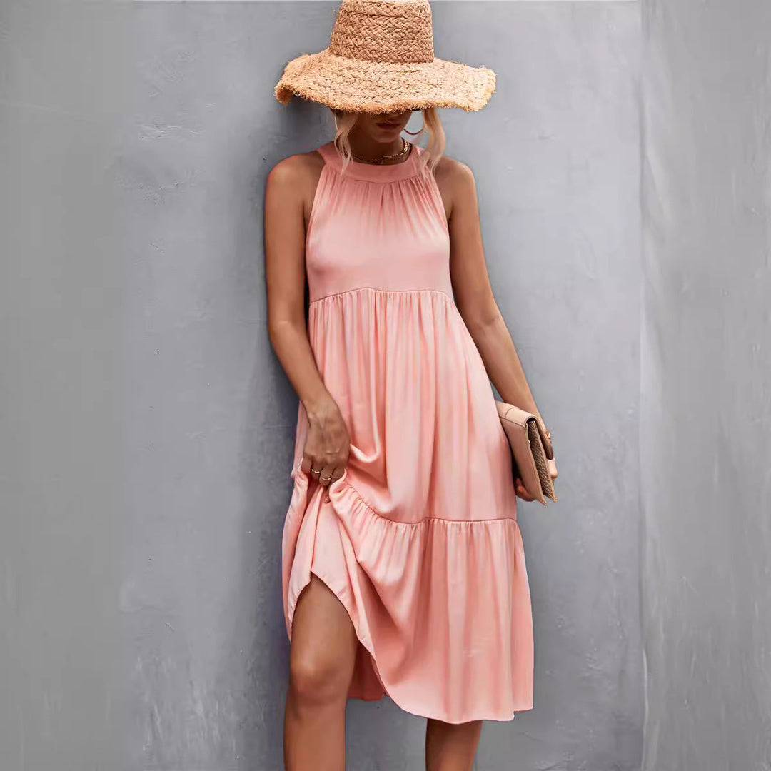 Damen luftiges Sommerkleid mit schwingendem Rock und hohem Hals Drune