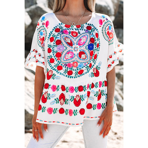 Damen besticktes Blusentop mit voluminösen Ärmeln und floralen Motiven Drune