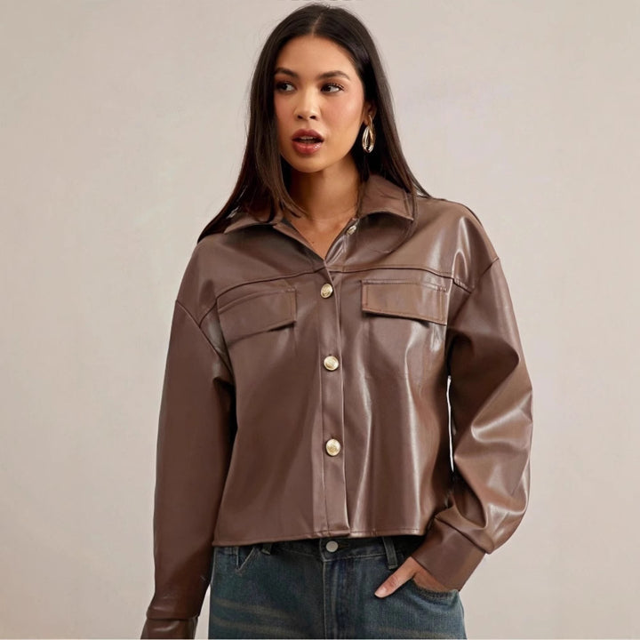 Damen Modische Kunstlederjacke im Oversized-Stil Drune