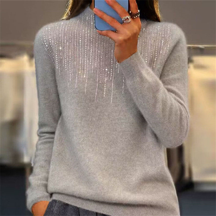 Damen nan kuscheliger Feinstrickpullover mit dezentem Strass-Einsatz am Rundhalsausschnitt und geripptem Saum Drune