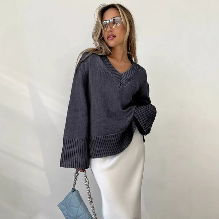 Damen nan oversized Feinstrickpullover mit tiefem V-Ausschnitt, gerippten Bündchen und lockerer Silhouette Drune