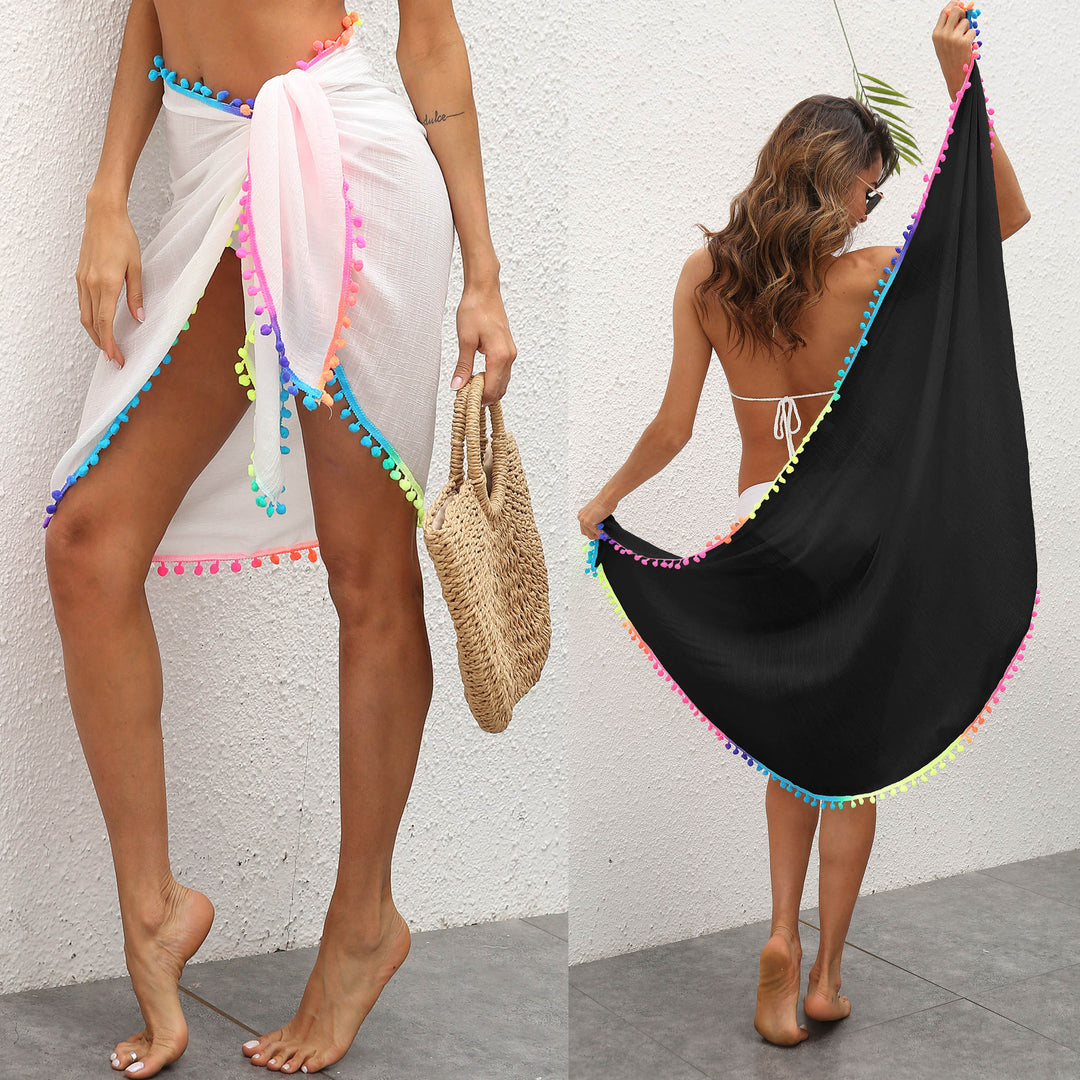 Damen eleganter Strandüberwurf mit buntem Pompon-Rand Drune
