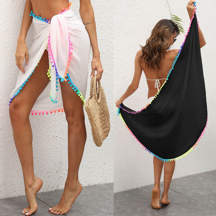 Damen eleganter Strandüberwurf mit buntem Pompon-Rand Drune
