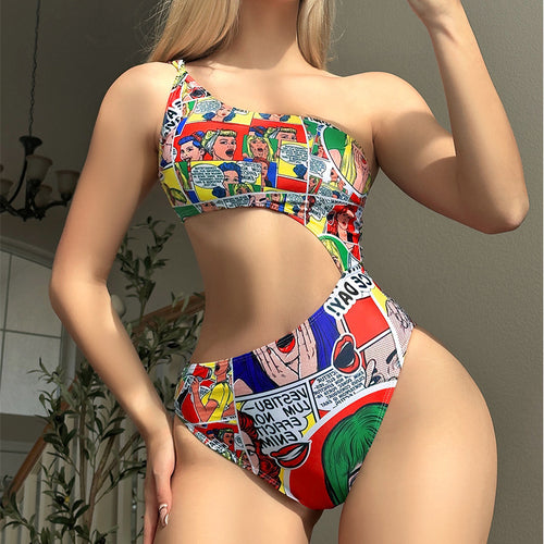 Damen Einseitiger Badeanzug mit aufregendem Cut-Out und Comics-Design Drune