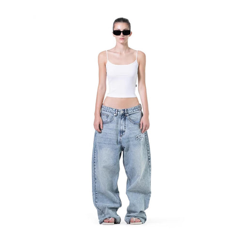Damen weite Denim-Jeans mit stilvollem Stickdesign Drune