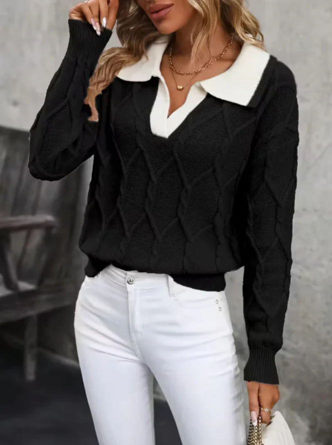 Damen Strickpullover mit klassischem Polokragen und Rautenstruktur Drune