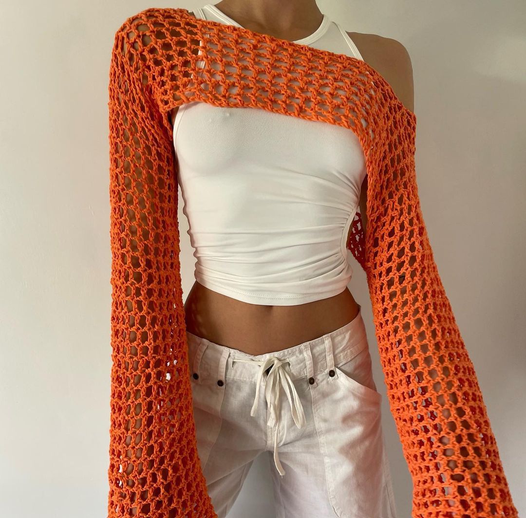 Damen gehäkeltes Langarm-Top mit Off-Shoulder-Design Drune