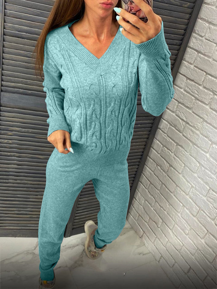 Damen Strickpullover und Jogginghose Set mit Zopfmuster Drune