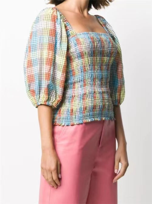 Damen Puffärmel Bluse mit kariertem Design Drune