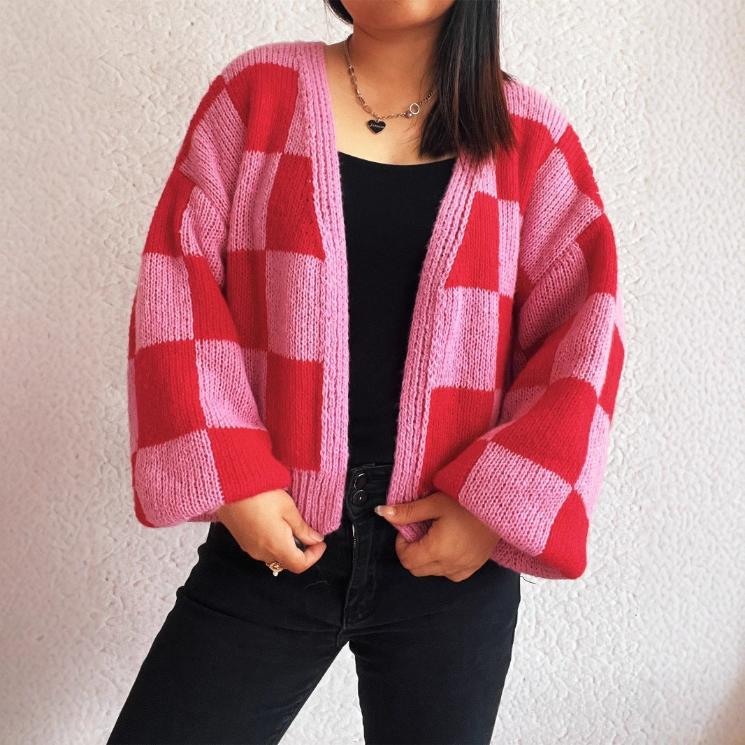 Damen lässige Strickjacke mit Karomuster und voluminösen Ärmeln Drune