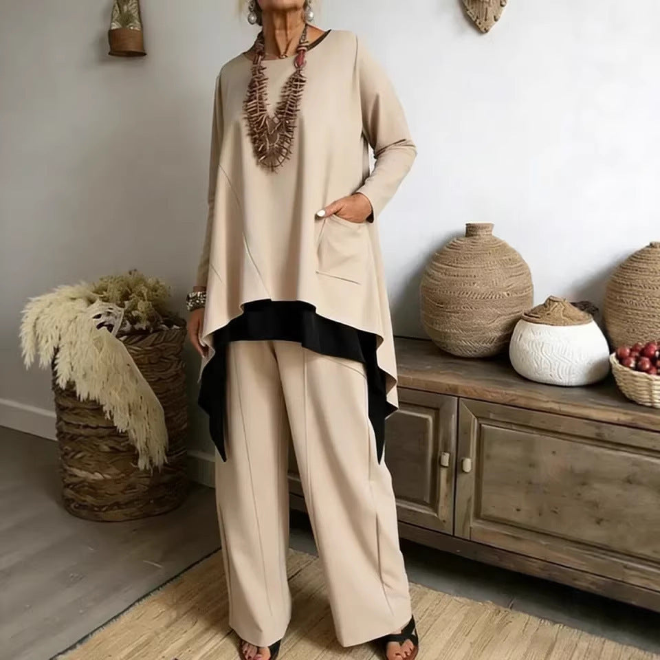 Damen lässiges Ensemble aus asymmetrischem Oberteil und weitem Hosen Drune