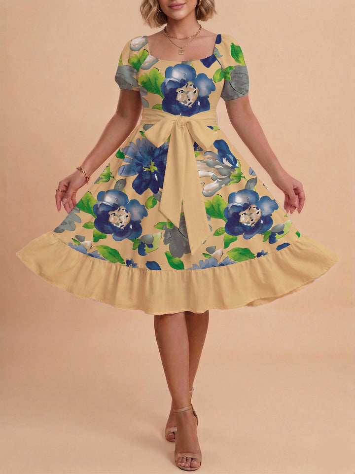 Damen Blumenkleid mit taillierbarem Gürtel und voluminösen Ärmeln Drune