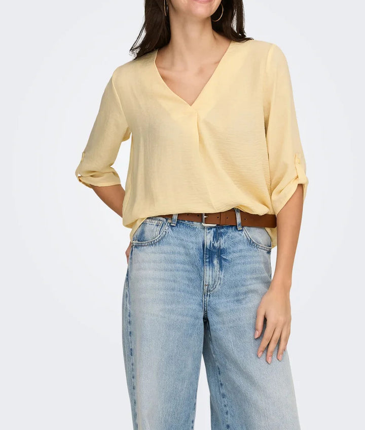 Damen luftige Bluse mit V-Ausschnitt und hochrollbaren Ärmeln Drune