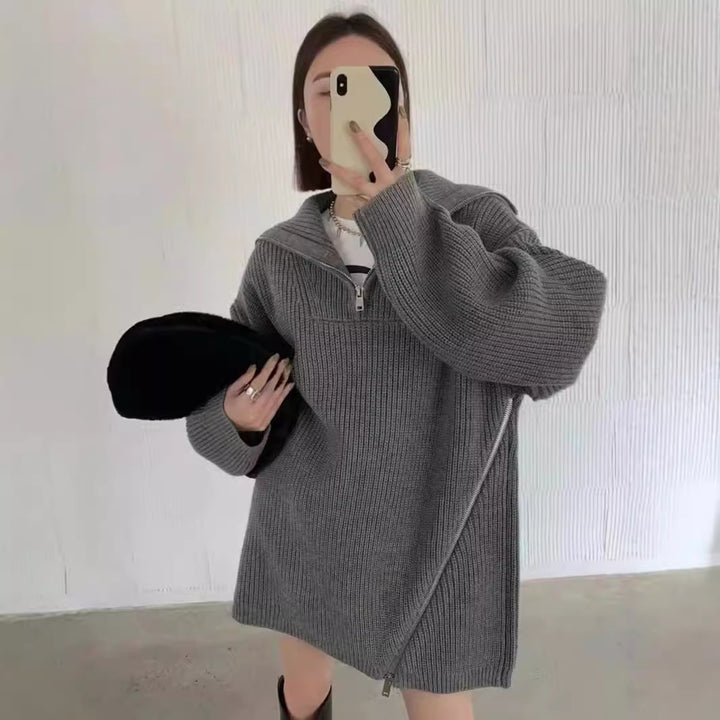 Damen lässiger Strickpullover mit einem hohen Kragen und seitlichem Reißverschluss Drune