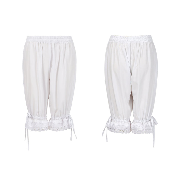 Damen nan geraffte Capri-Hose mit elastischem Bund, Bindebändern am Saum und Spitzen-Bordüre Drune