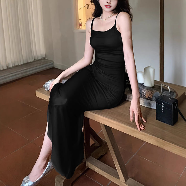 Damen langes Wickelkleid mit eleganter Silhouette und spaghettiträgen Drune