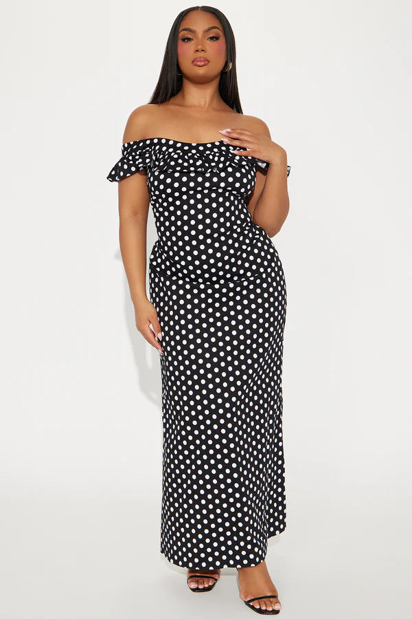 Damen Elegantes Maxikleid mit Rüschendetails und Polka-Dots Drune