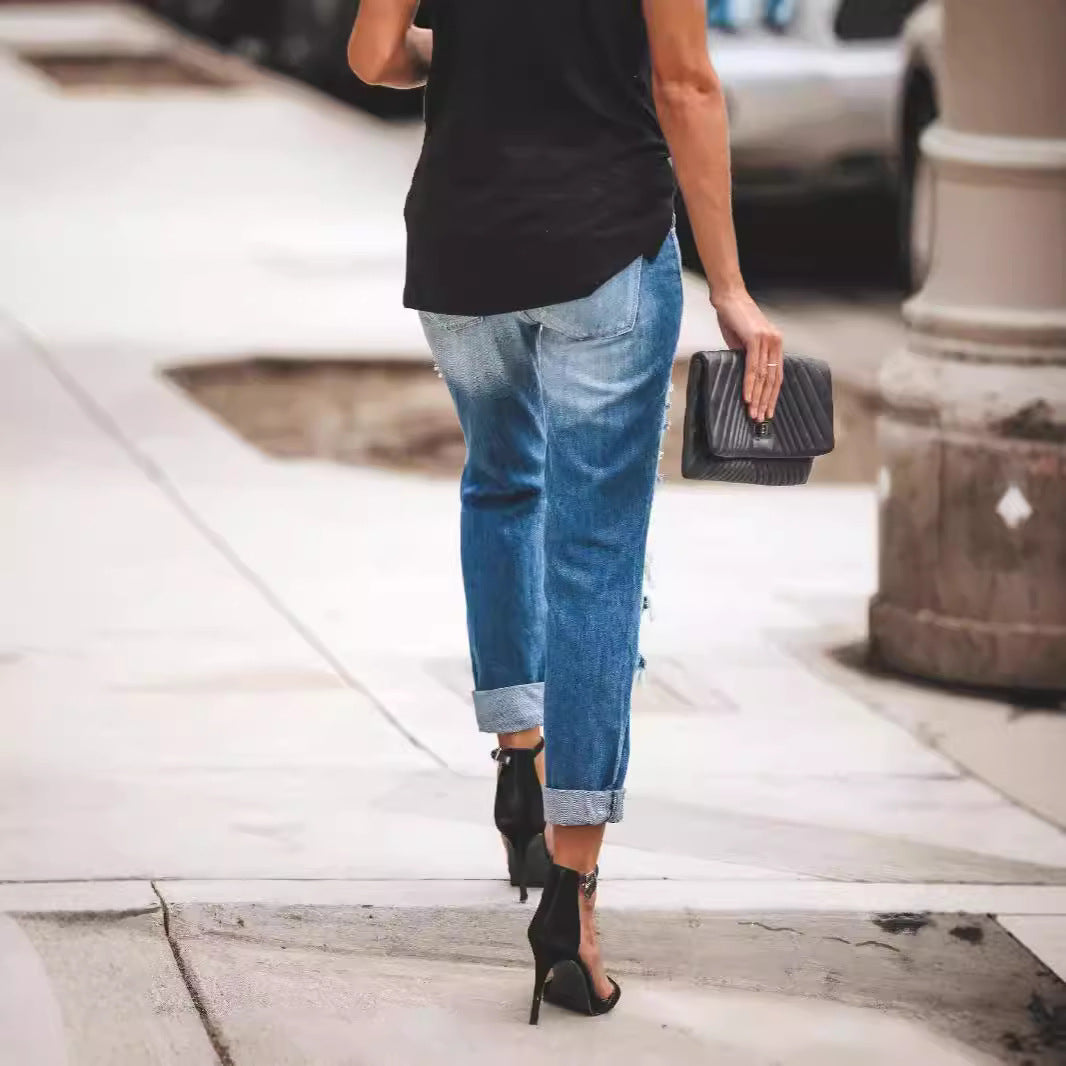 Damen Destroyed Boyfriend Jeans im lässigen Stil mit hohen Rissdetails Drune