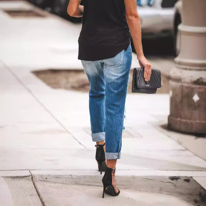 Damen Destroyed Boyfriend Jeans im lässigen Stil mit hohen Rissdetails Drune