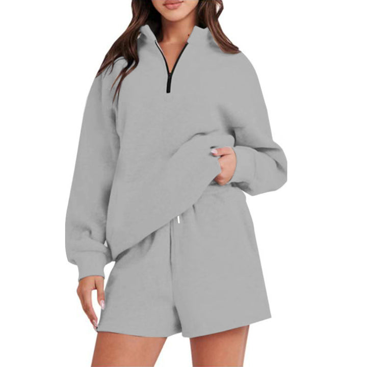 Damen bequemen Freizeit-Sweatanzug mit halbem Reißverschluss und Shorts Drune