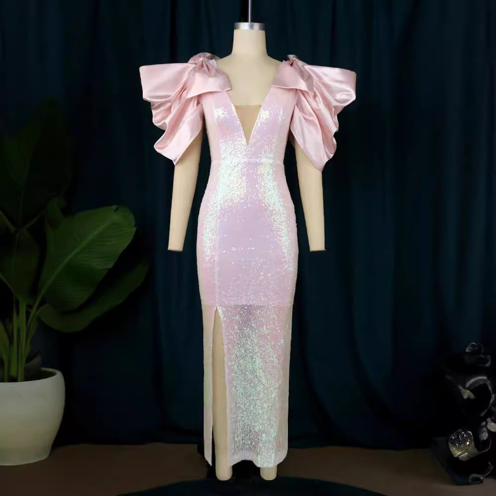 Damen Figurbetontes Glamour-Kleid mit schimmerndem Stoff und voluminösen Ärmeln Drune