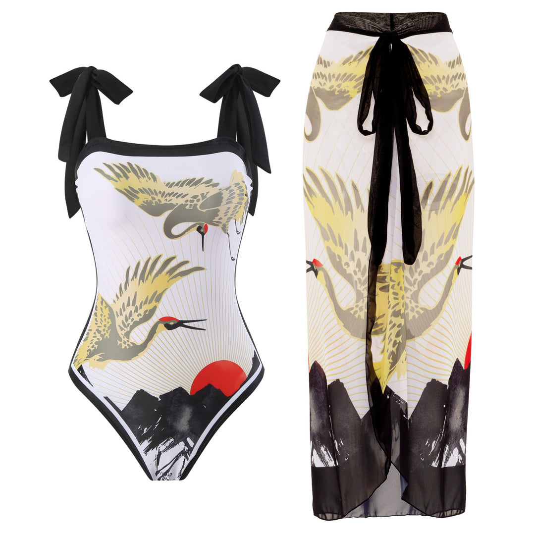 Damen Einteiler Badeanzug mit dekorativem Wickelrock und chicen Bindebändern Drune