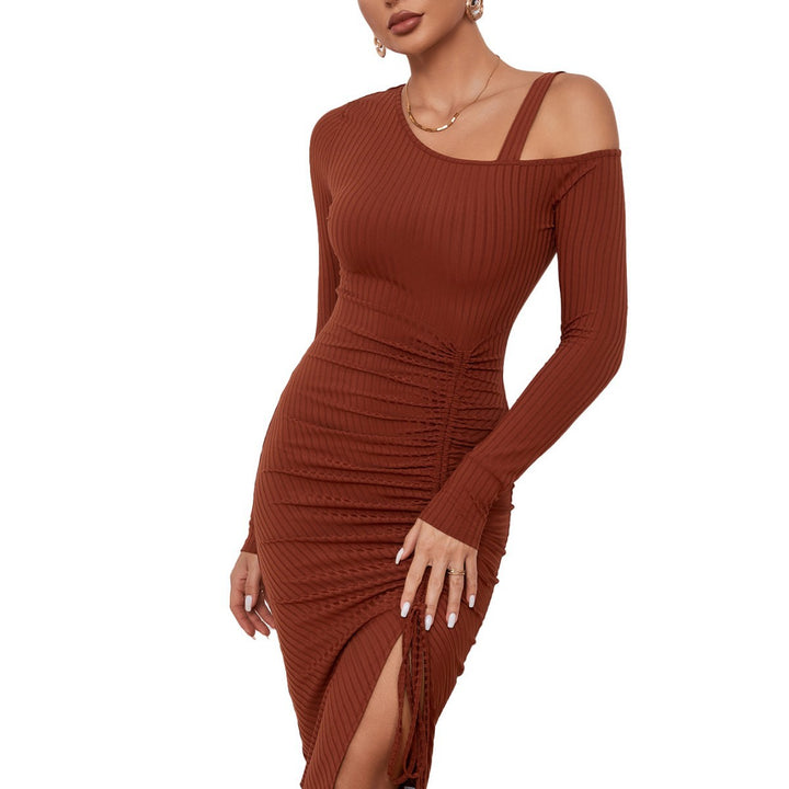Damen figurbetontes Rippkleid mit One-Shoulder-Ausschnitt und raffinierter Raffung Drune