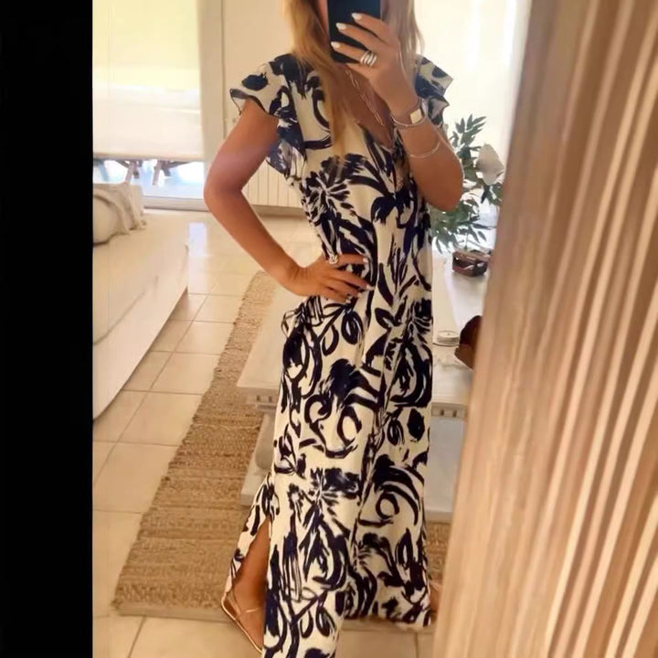 Damen Maxikleid mit voluminösen Ärmeln und elegantem V-Ausschnitt Drune