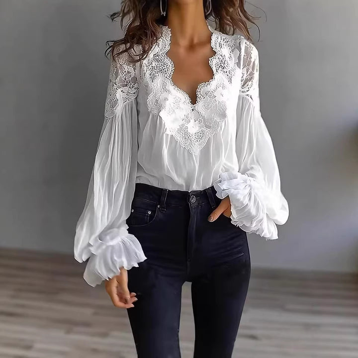 Damen elegante Spitzenbluse mit voluminösen Ärmelabschlüssen und floralen Akzenten Drune