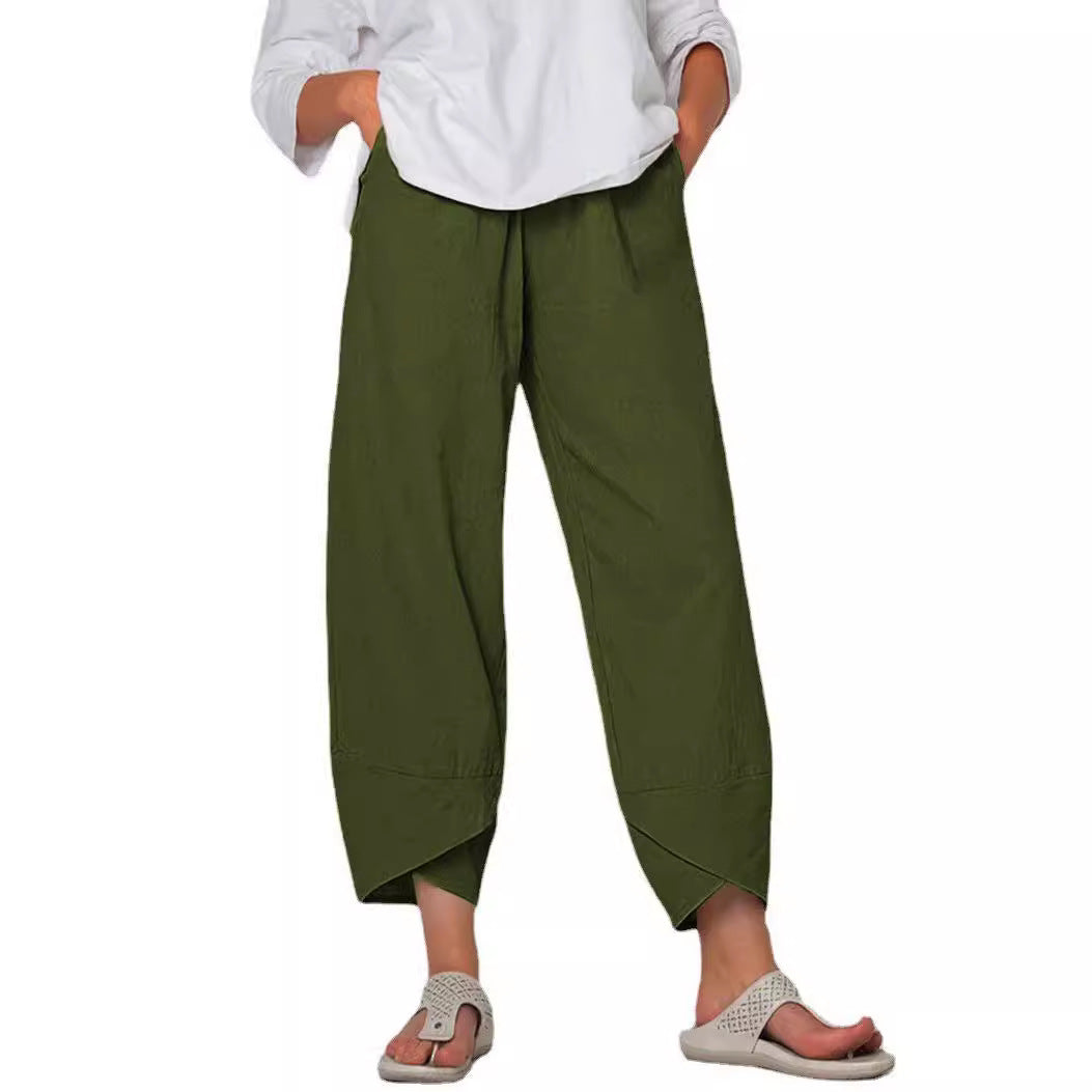 Damen nan lockere Leinenhose mit hohem Bund, Tulpen-Saum und seitlichen Eingrifftaschen Drune