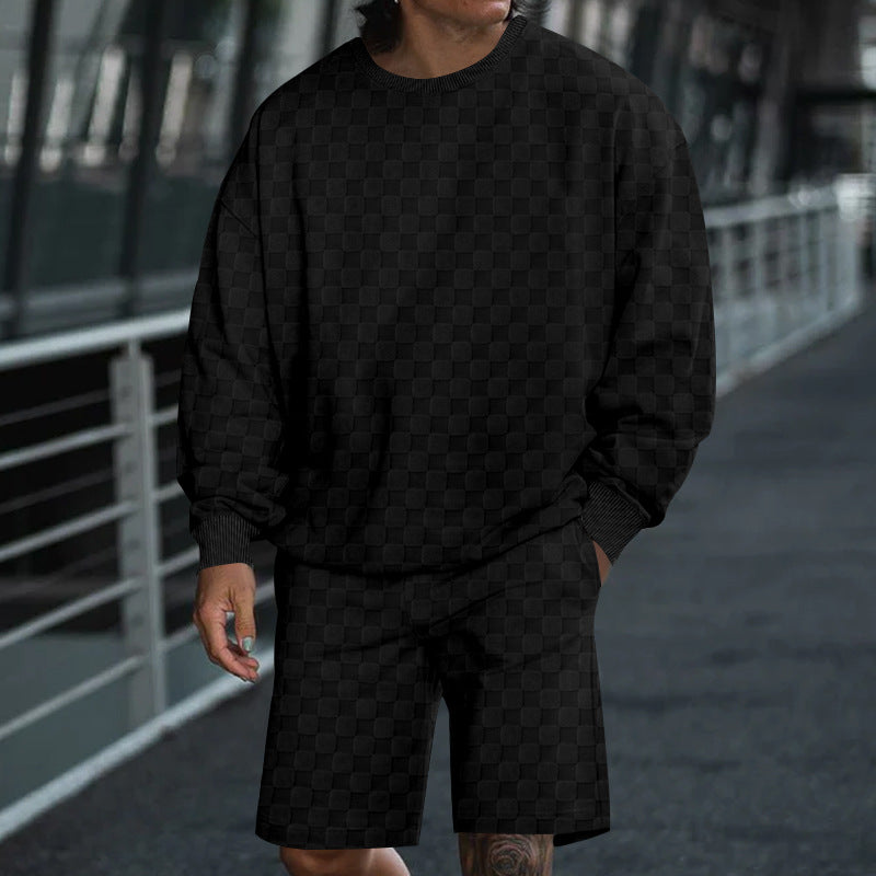 Herren nan oversized Waffelstrick-Lounge-Set mit Crewneck-Sweatshirt und knielangen Bermuda-Shorts Drune