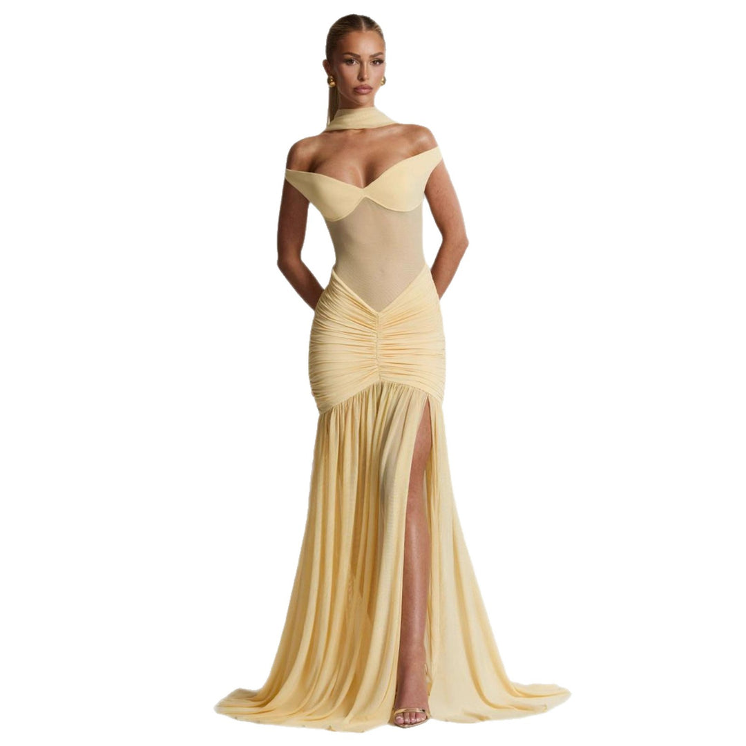 Damen Elegantes Maxikleid mit schulterfreiem Design und Raffung Drune