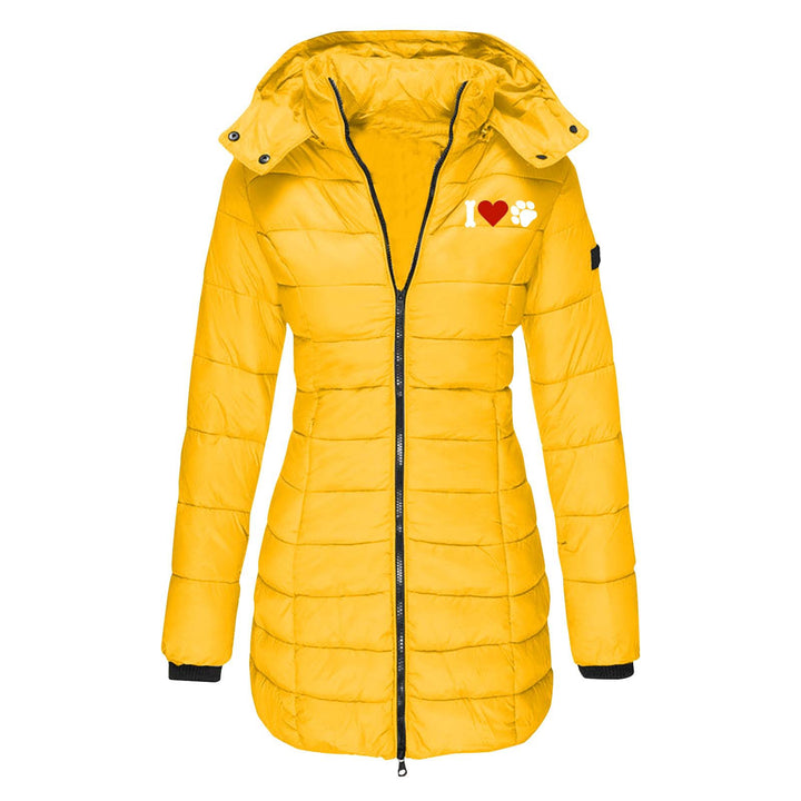Damen nan gesteppte Steppjacke mit Kapuze, taillierter Silhouette und Herz-Pfoten-Print Drune