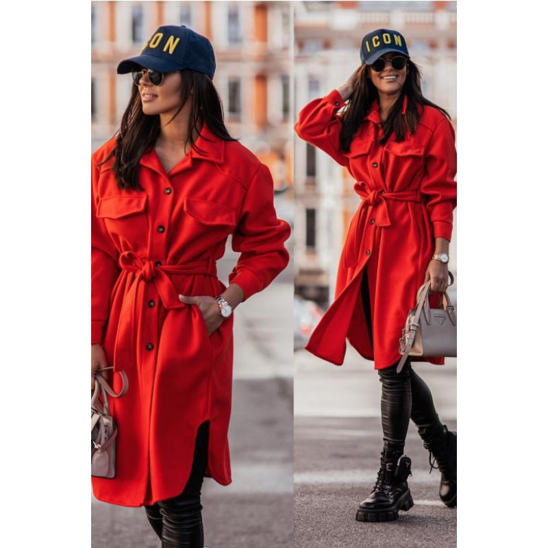 Damen Oversized Hemdblusenkleid mit modischem Gürtel und Taschen Drune