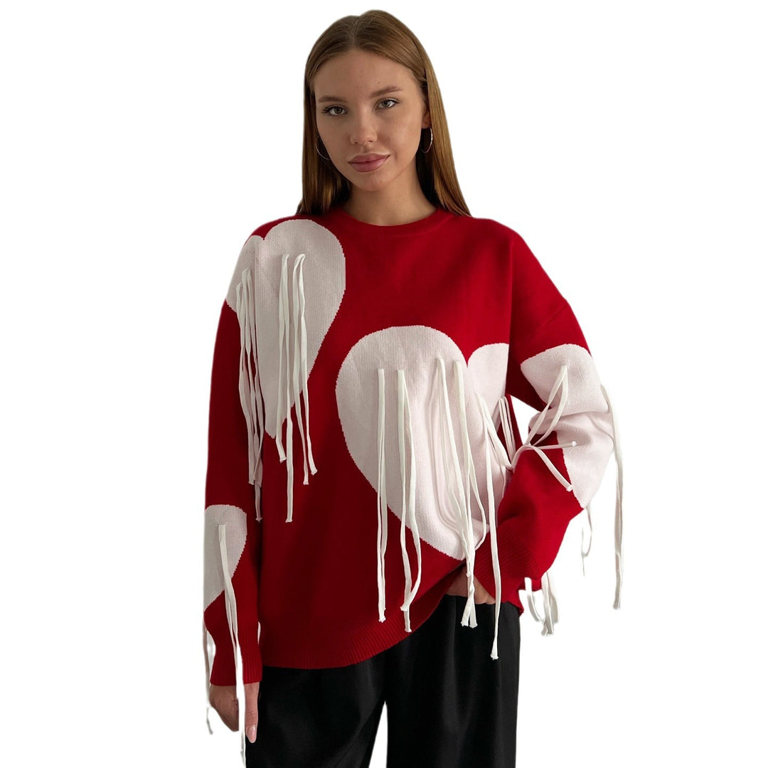 Damen modischer Pullover mit fröhlichem Herzdesign und kreativen Fransen Drune