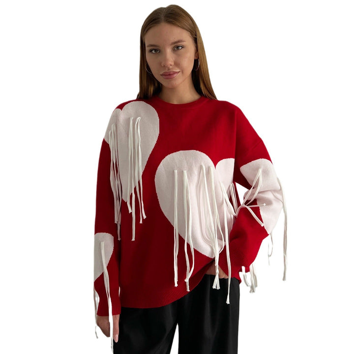Damen modischer Pullover mit fröhlichem Herzdesign und kreativen Fransen Drune