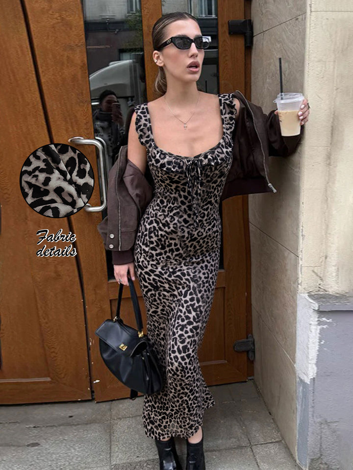 Damen Maxikleid mit Leopardenmuster und verführerischem Ausschnitt Drune