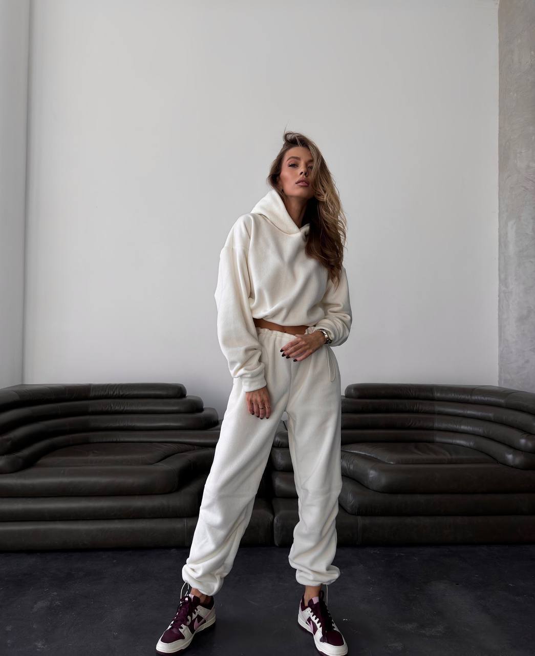 Damen gemütlicher Fleece-Jumpsuit mit Kapuze und elastischem Bund Drune