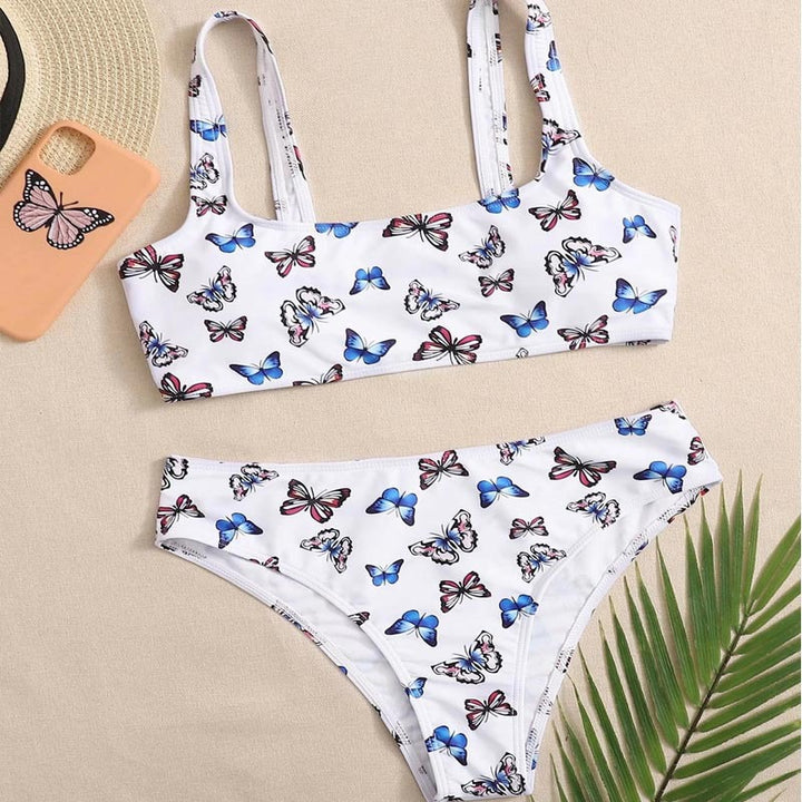 Damen Crop-Bikini-Set mit buntem Schmetterlingsdruck Drune